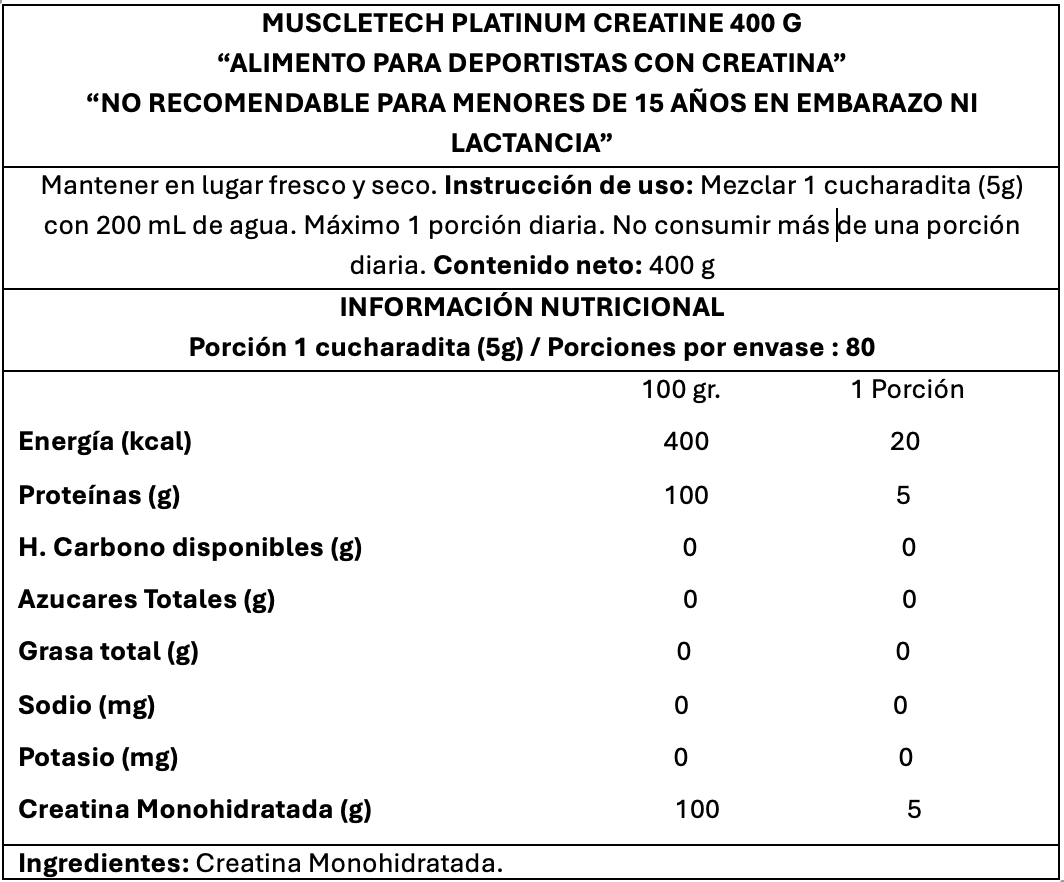 Muscletech Platinum 100% Creatine 400 g – Creatina Monohidratada