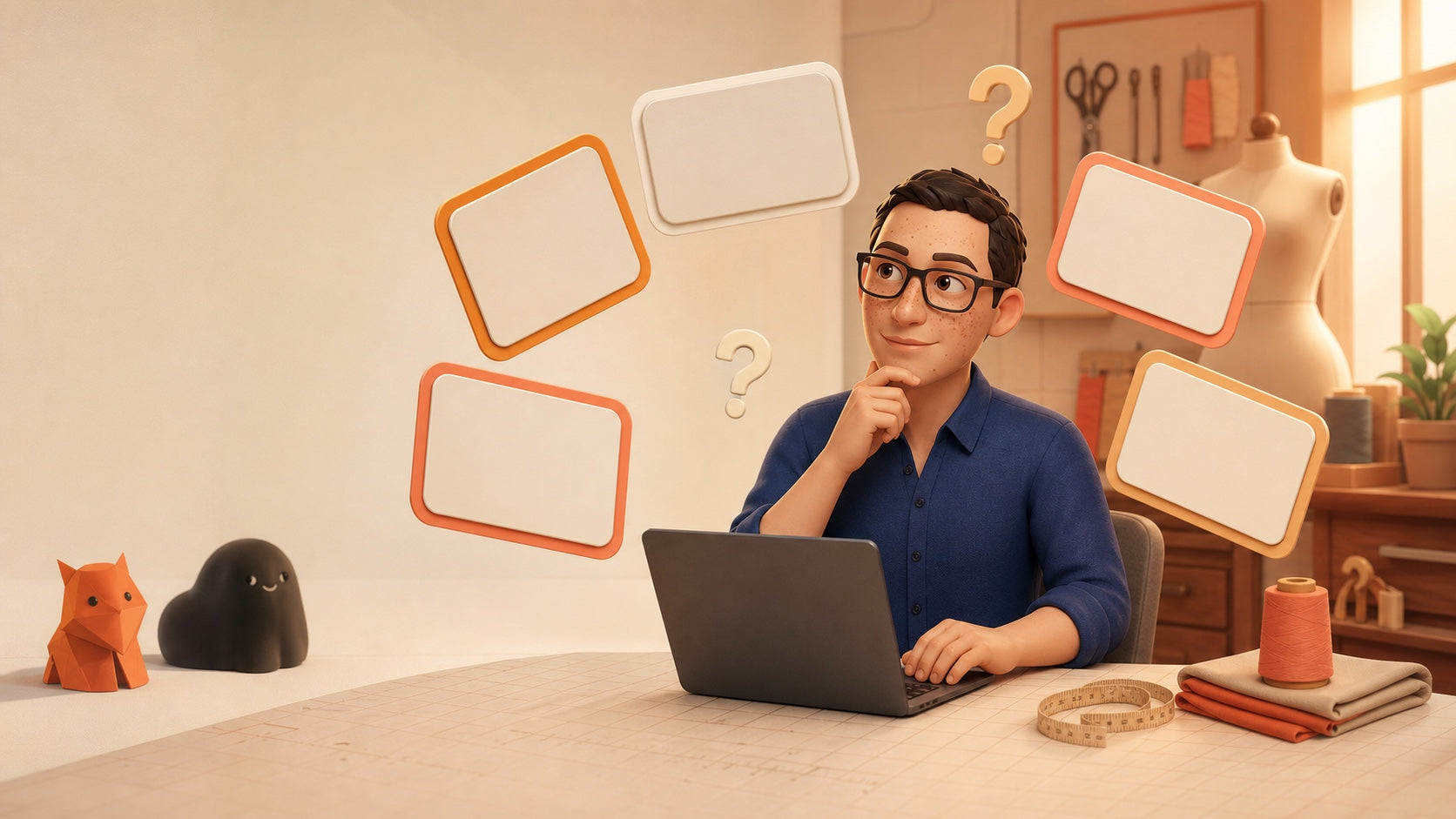 Ilustración 3D de Felipe comparando distintas herramientas de inteligencia artificial para decidir cuál puede ayudar en el trabajo de una pyme