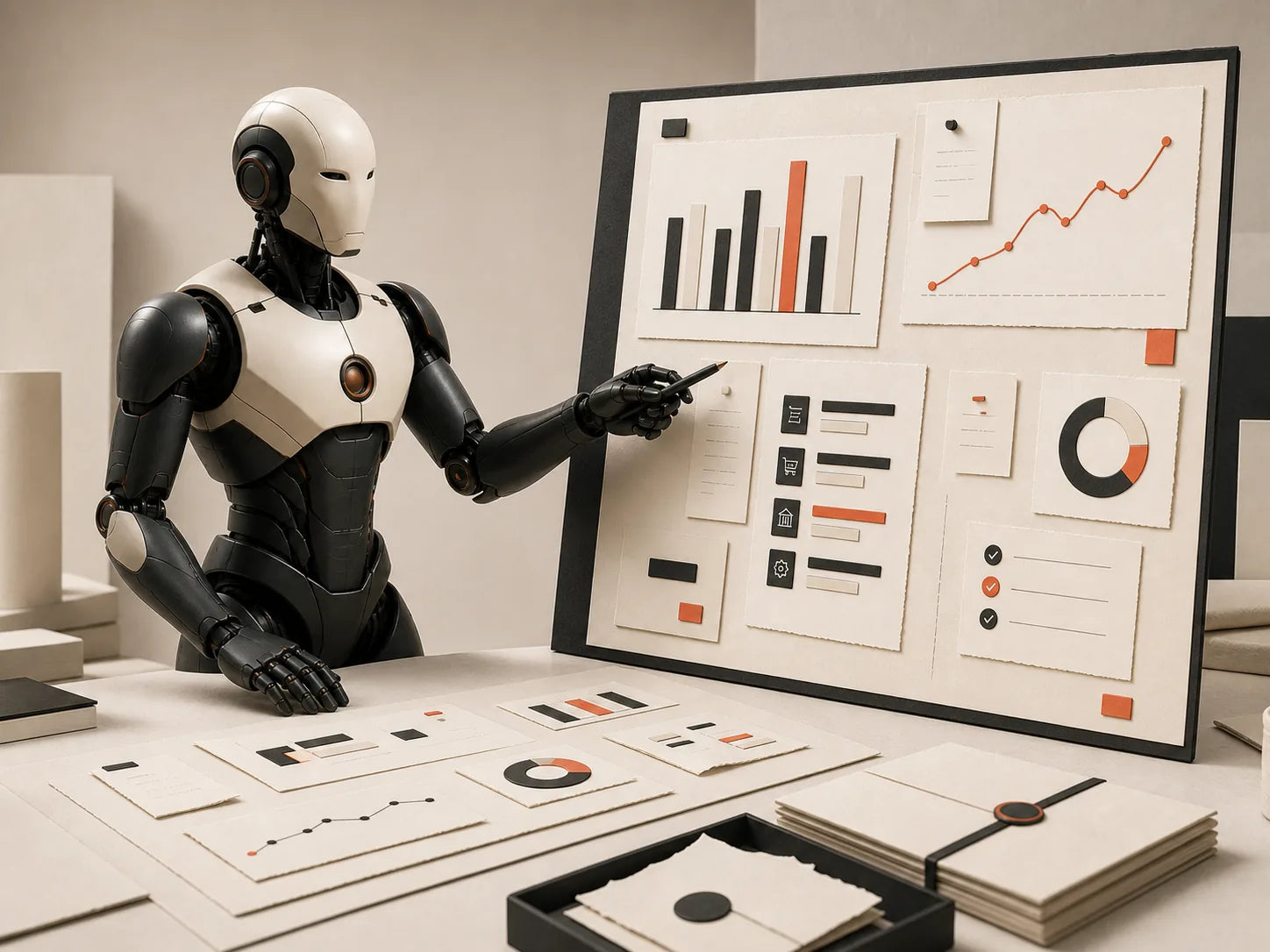 Robot 3D presentando una muestra demostrativa de un resumen mensual de decisiones