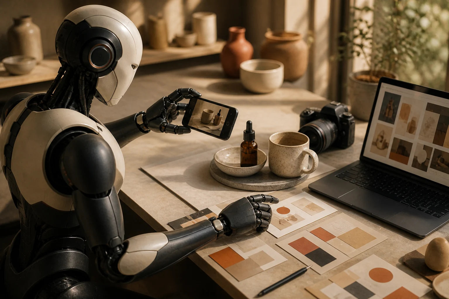 Robot 3D que representa a la IA colaborando en contenido y campañas de marketing