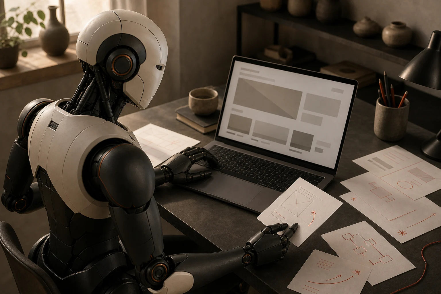 Robot 3D que representa a la IA revisando y anotando una página web